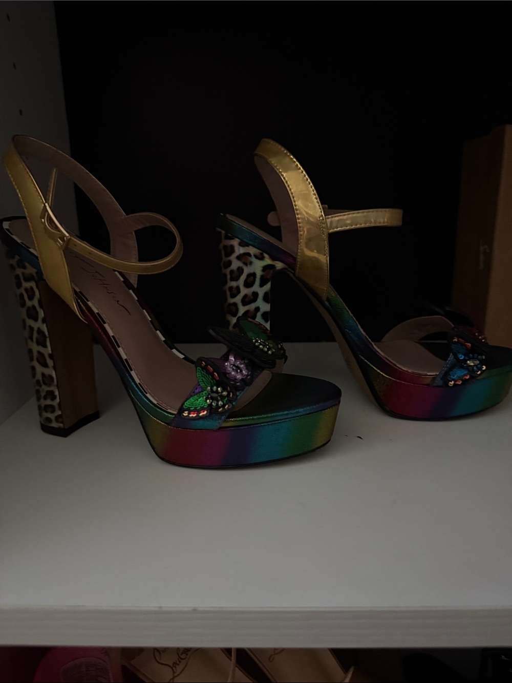 Betsey Johnson Multicolor Butterfly Platform Heels with Gold Ankle Straps - Picture 2 of 4